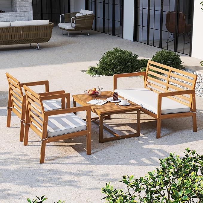 HAPPYGRILL 4 Piece Wood Patio Conversation Set, Armchairs Loveseat & Coffee Table Set with Cushions, Acacia Wood Frame, Outdoor Furniture Set for Porch, Garden, Backyard, Poolside