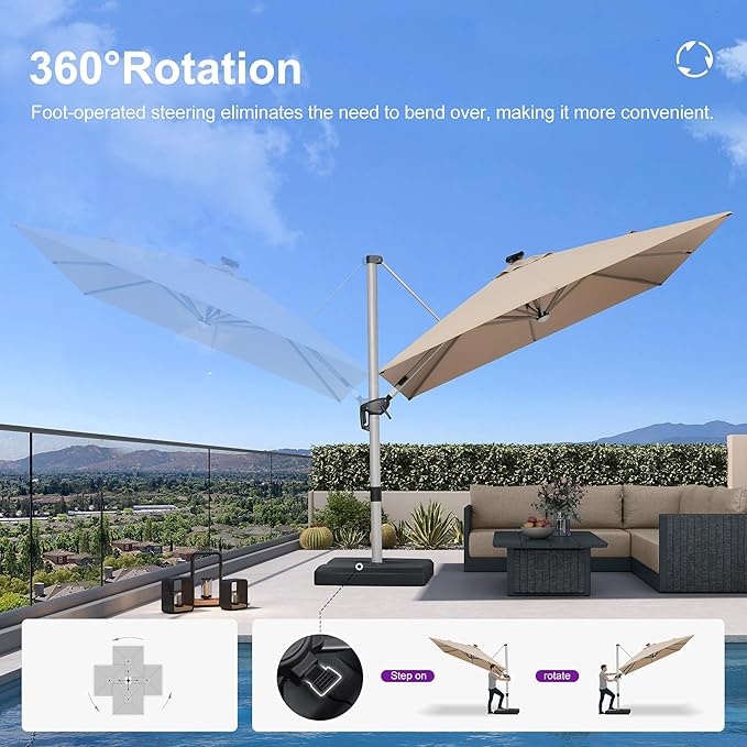 PURPLE LEAF Patio Umbrella with Base 9' X 12' Outdoor Rectangle Cantilever Umbrella Solar Powered LED with 360-degree Rotation for Garden Deck Pool Patio, Beige