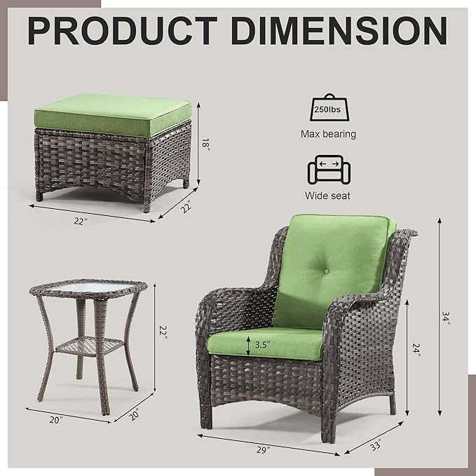 5 Piece Outdoor Patio Furniture Set Wicker Conversation Bistro Set Swivel Rocking Chairs with Side Table and Ottomans for Backyard, Porch, Balcony(Mixed Grey/Green)