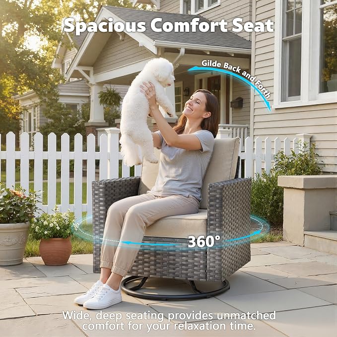 CAODOC 7-Piece Outdoor Wicker Patio Set with 7 Seats, Including 43" Fire Pit - Swivel Rocker Chairs and Conversation Set for Backyard or Lawn, Gray Rattan with Waterproof Beige Cushions