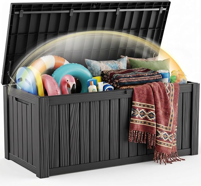 EFU Outdoor Storage Box 180 Gallon Deck Box (Indoor & Outdoor) Lockable UV Resistance Waterproof Resin Storage Bin Storage Box for Outdoor,Patio Storage With Support Rod(Black)