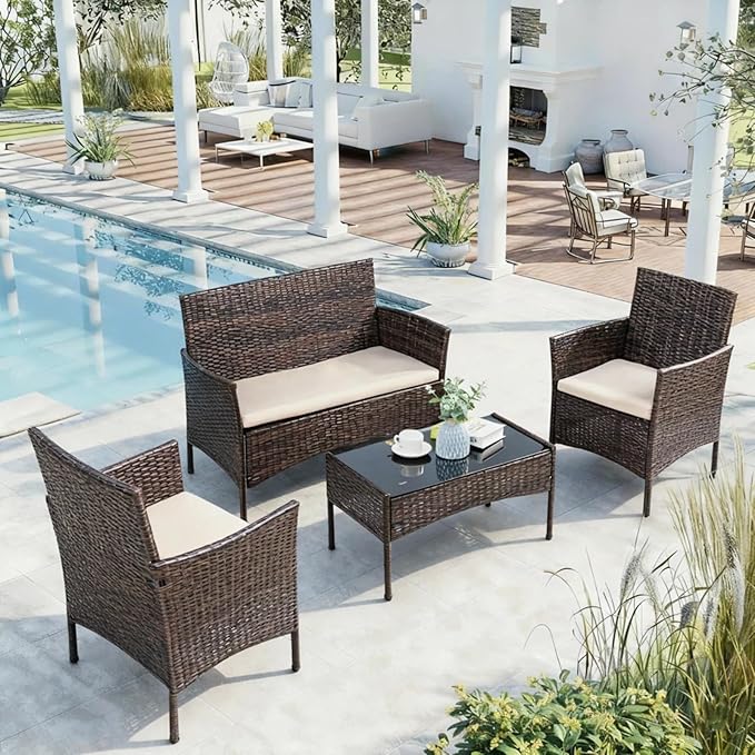 JAMFLY 4 Piece Outdoor Patio Furniture Set, PE Wicker Conversation Kit with Tempered Glass Table, All-Weather Seating for Small Porch, Balcony & Poolside, Washable Cushions, Brown