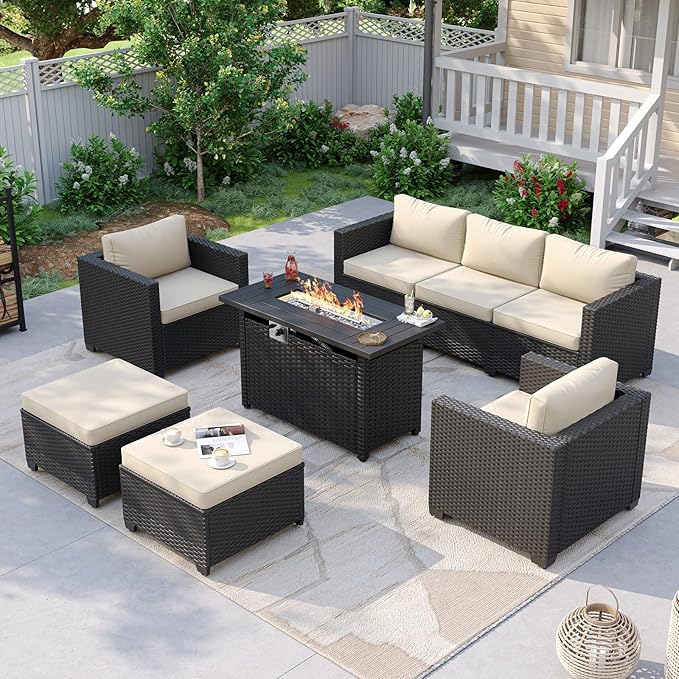 Aoxun Patio Furniture Set with Fire Pit Table, 6 Piece Outdoor Furniture Set with Wicker Ottomans, Rattan Outdoor Sectional Sofa with Thickened Cushion & Waterproof Cover Beige