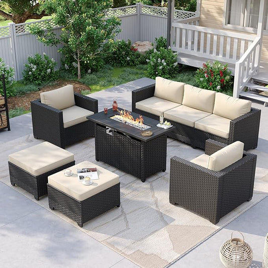 Aoxun Patio Furniture Set with Fire Pit Table, 6 Piece Outdoor Furniture Set with Wicker Ottomans, Rattan Outdoor Patio Sectional Sofas with Thickened Cushion & Waterproof Cover Beige