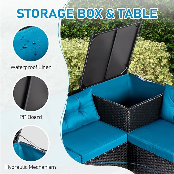 VINGLI 4 Pieces Outdoor Sectional Wicker Patio Furniture Set, Patio Sectional Sofa with Hidden Storage Outdoor Conversation Set, Glass Top Coffee Table for Backyard, Pool, Garden(Black)