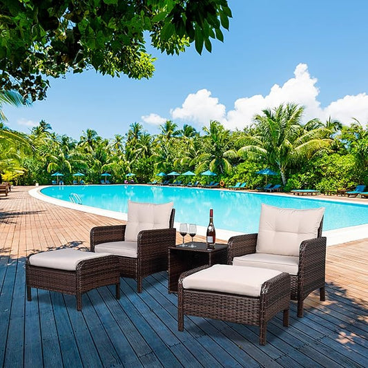 HomVent 5 Piece Wicker Patio Furniture Set, PE Wicker Rattan Outdoor All Weather Patio Sofa and Ottoman, Outdoor Bistro Set Patio Conversation Set with 2 Cushioned Chairs, 2 Ottomans & Coffee Table