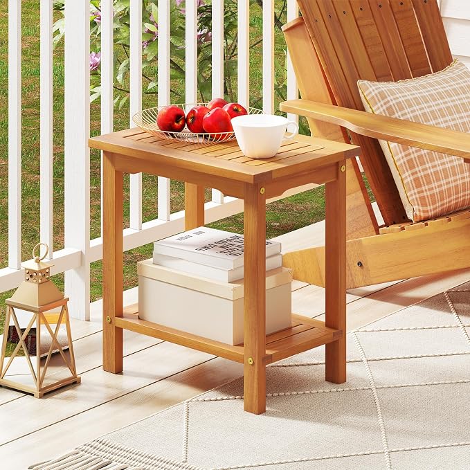 HAPPYGRILL Acacia Wood Patio Side Table, 2-Tier Accent Table with Slatted Tabletop & Storage Shelf, Wooden End Table for Living Room Poolside Balcony Porch (2)