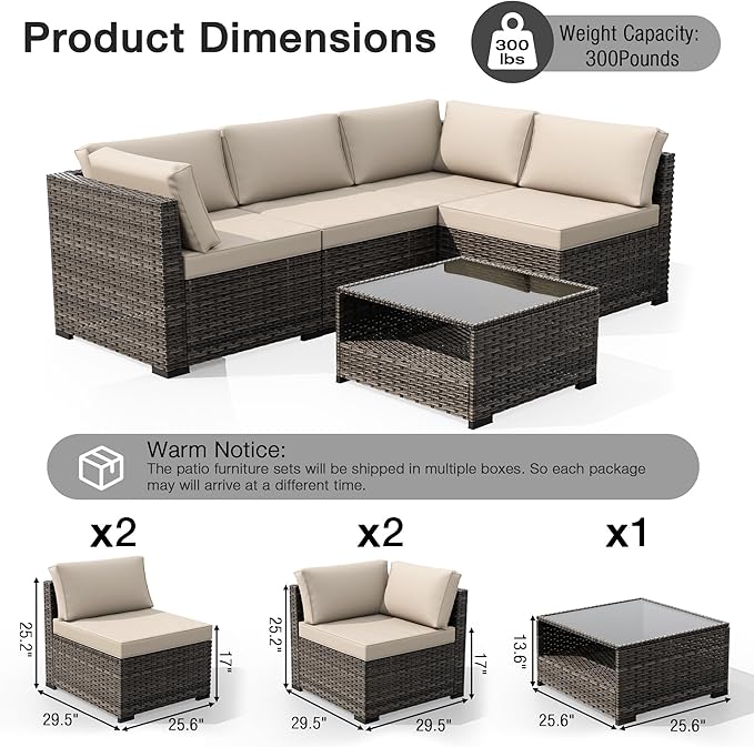 Joyside 5-Piece Patio Furniture Set, Rattan Outdoor Sectional Wicker Patio Conversation Set with Cushions and Coffee Table