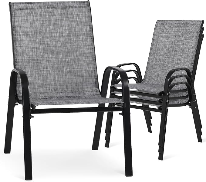 24.4" Wide Outdoor Stackable Chairs Set of 4, Stacking Patio Chairs with Textilene Fabric, Outside Furniture for Garden Backyard Balconie Poolside Deck, Grey