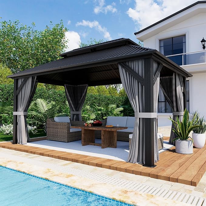 10'x14' Outdoor Gazebo Hardtop Permanent Gazebo Aluminum Galvanized Steel Double Roof Outdoor Pergola Include Curtain and Netting for Backyard, Patio, Lawn