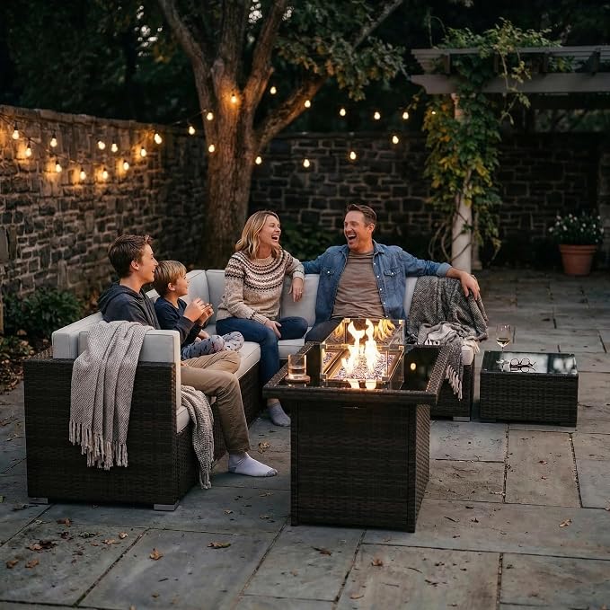 10 Pieces Patio Furniture Set with 44" Propane Gas Fire Pit Table, Outdoor Sectional Brown Rattan Wicker Conversation Sofa Sets with Coffee Table
