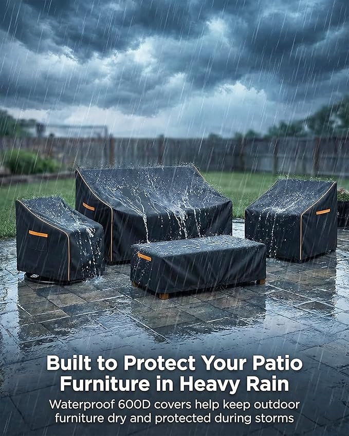 Outdoor Furniture Cover Waterproof, 4-Piece Outdoor Patio Furniture Cover Set, 600D Heavy Duty Protection Patio Loveseat Swivel Rocker Chairs and Coffee Table Garden Protective Furniture Set, Black