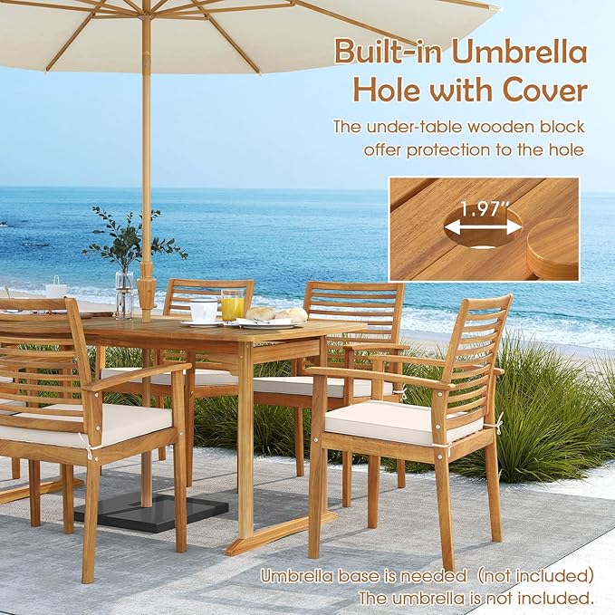 RELAX4LIFE 63’’ Wooden Outdoor Dining Table - Acacia Wood Rectangular Patio Table for 4-6 People w/Umbrella Hole & Slatted Tabletop, Farmhouse Furniture for Pool Backyard Garden Porch (U-Shaped Leg)