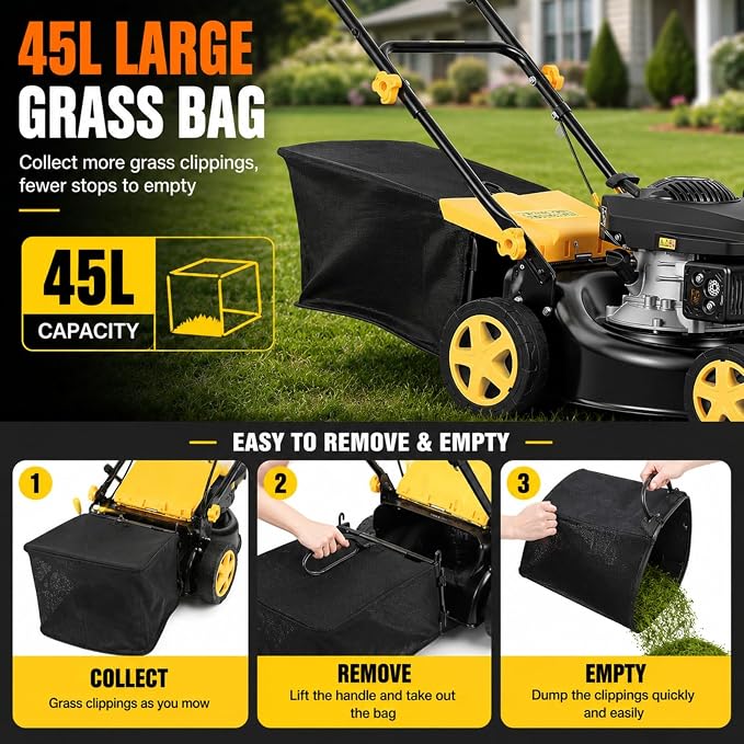 16-Inch Gas Lawn Mower, Push Walk-Behind Lawn Mower with 132cc 4-Stroke Air-Cooled Engine, 8-Position Height Adjustment, 45L Grass Bag, Black Yellow (MAX)