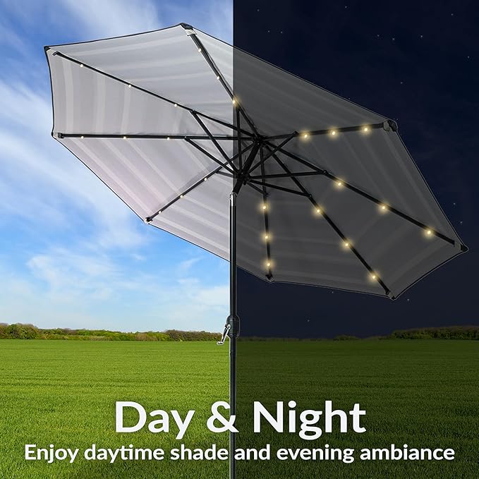 Sunnydaze 9 ft Striped Patio Umbrella with Solar Lights - Polyester LED Table Market Umbrella with Tilt and Crank - Catalina Beach Stripe