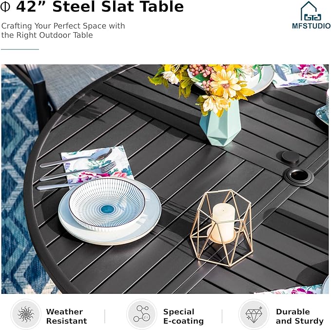 MFSTUDIO Outdoor Dining Set for 4，Round Patio Table and Chairs Set with Umbrella Hole, 5 Piece Patio Dining Set for Deck, Backyard, Poolside & Garden