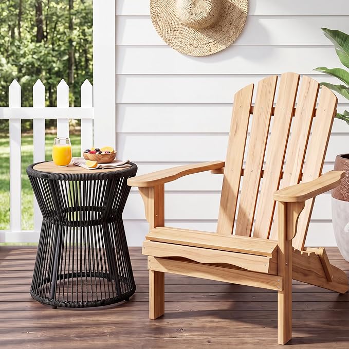 Garvee Outdoor Small Side Table, 20’’ h Patio Rattan End Table with Wood Top Round Coffee Table for Living Room Outdoor Patio Backyard Poolside