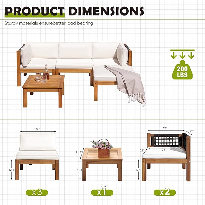 Greesum 5 Pieces Patio Furniture Set Acacia Wood Outdoor Conversation Sets with Tea Table for Garden Porch and Backyard, Beige