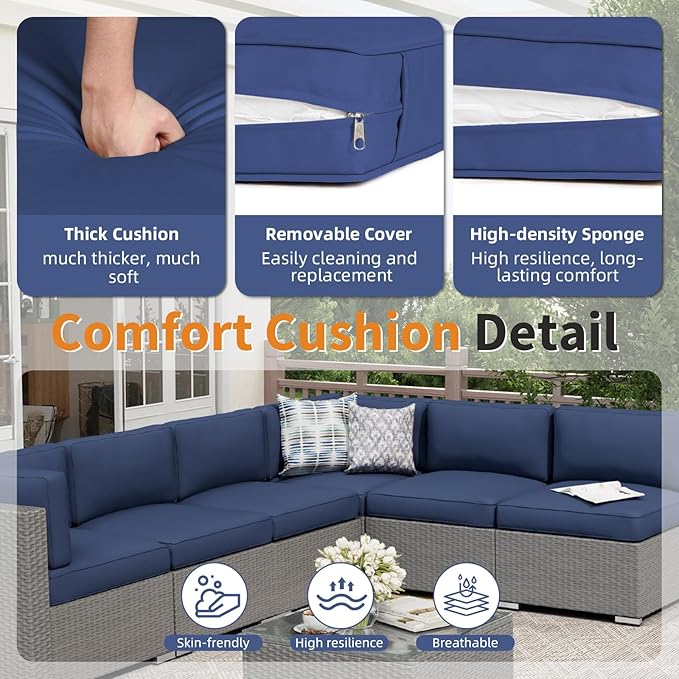 Oakcloud 7-Piece Outdoor Patio Furniture Set Grey Rattan Wicker Sectional Sofa Conversation Sets with Cushions and Glass Top Table (Dark Blue)