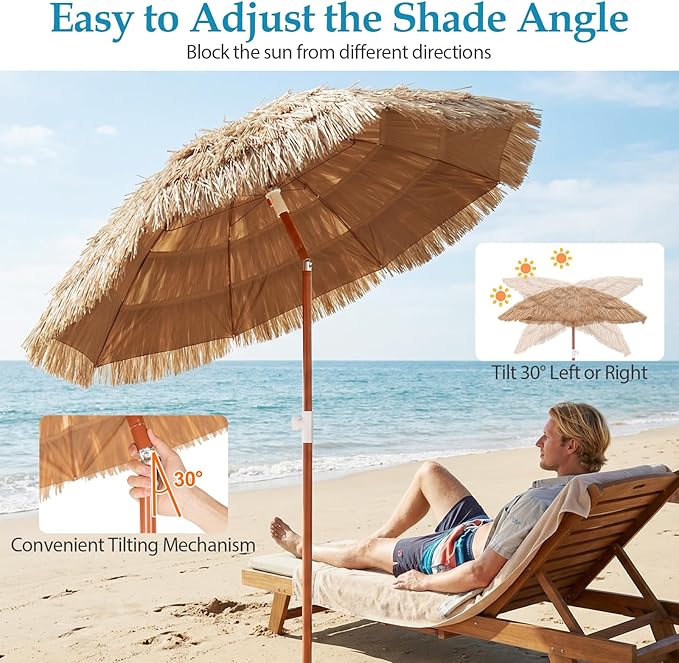 HAPPYGRILL 6 FT Tiki Thatched Umbrella, Hawaiian Tropical Palapa Style Patio Beach Umbrella w/Tilt, Portable Carrying Bag, PP Thatch Grass Pool Parasol for Garden Pool Yard Outdoor