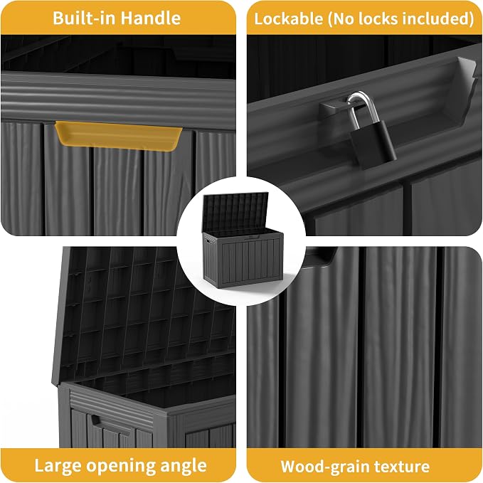 55 Gallon Outdoor Deck Storage Box, Weatherproof Wood Grain Lockable Storage Bin for Patio, Backyard & Poolside Indoor Outdoor Storage (Black,55GAL)