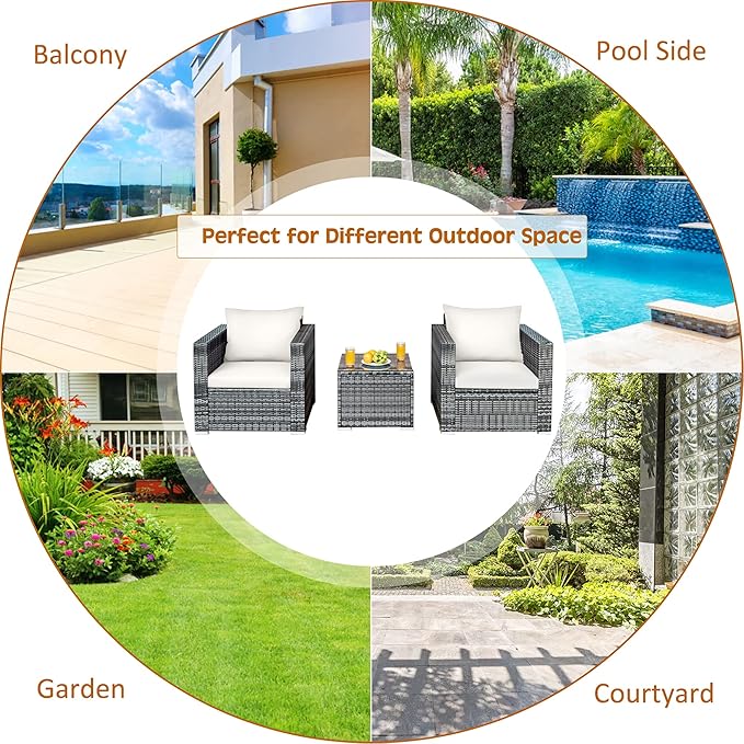 DORTALA 3 Pieces Patio Furniture Set, Outdoor Rattan Sofa Couch Set with Cushions, Tempered Glass Coffee Table, Wicker Patio Conversation Set for Lawn Backyard Poolside Balcony, White