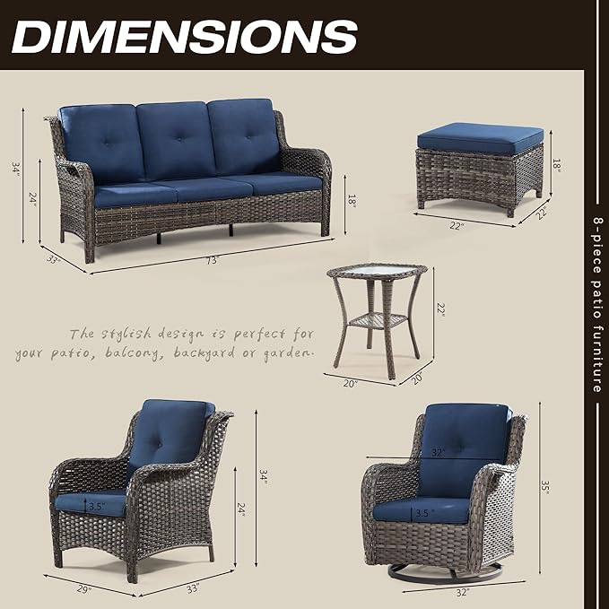 Wicker Patio Furniture Sets 8 Piece Set with 3-Seat Sofa, 2 Swivel Rocking Armchairs, 2 Armchairs, 2 Ottoman and 1 Side Table Wicker Outdoor Furniture Sectional Conversation Set, Blue
