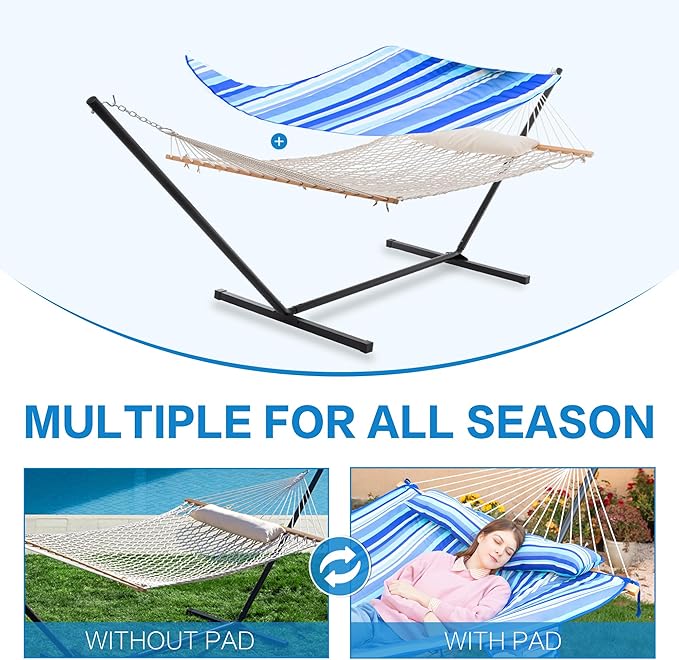 PNAEUT Double Hammock with Stand for Outside, Rope Hammocks with Polyester Pad 2 Person, 12ft Heavy Duty Stand, Extra Pillow, Storage Sidebag, Max 475 lbs Capacity (Ocean)