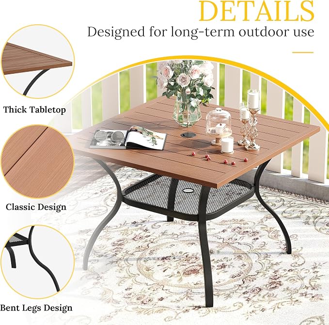 VICLLAX 37.8" Square Outdoor Patio Table, All Weather Metal Outdoor Dining Table for Lawn Garden, Walnut Wood-Like Tabletop