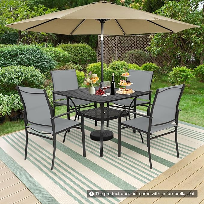 Incbruce 6 Pieces Patio Dining Set with Brown Umbrella, Outdoor Dining Set of 4 Textilene Chairs and Square Table with Umbrella Hole for Backyard, Garden, and Poolside (Grey)