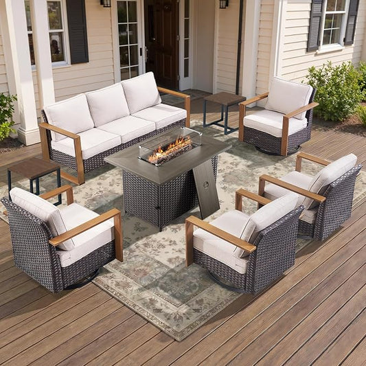 Patio Furniture Set with Fire Pit Table, 8-Piece Outdoor Wicker Sofa and 4 Swivel Chairs, All-Weather Conversation Set for Backyard, Deck and Poolside Beige