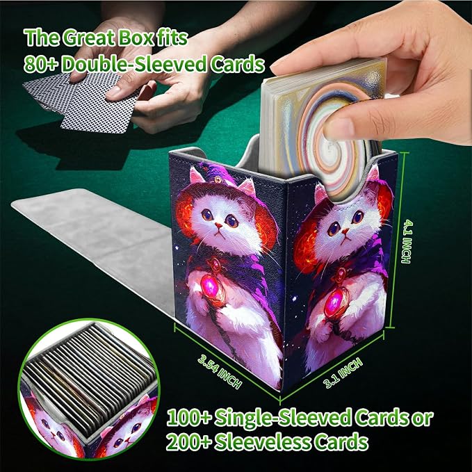 Deck Box for MTG, Cards Storage Box Fits 120+ Sleeved, Leather Medium Size Strong Magnetic Closing Card Case for Board Games Magic TCG CCG Baseball Collection, Purple White Cat