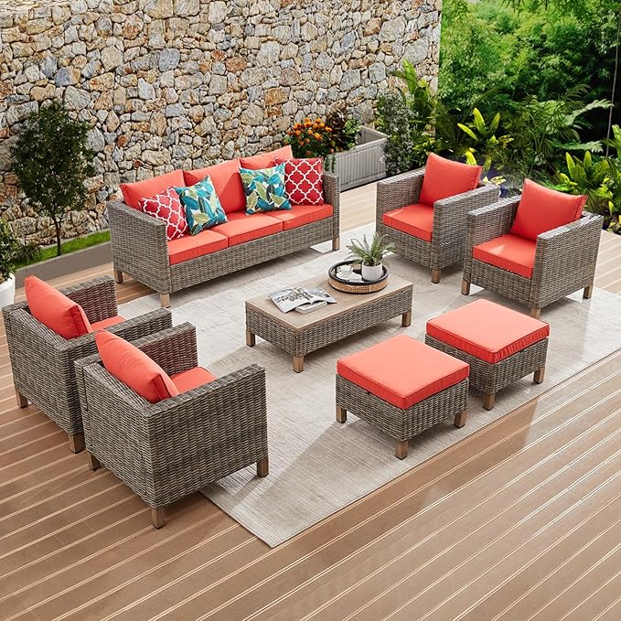8 Pieces Patio Furniture Sets with Metal Top Coffee Table, All Weather Wicker Rattan Sectional Sofa Outdoor Furniture Conversation Set for Porch, Poolside, Garden, Backyard. (Red)