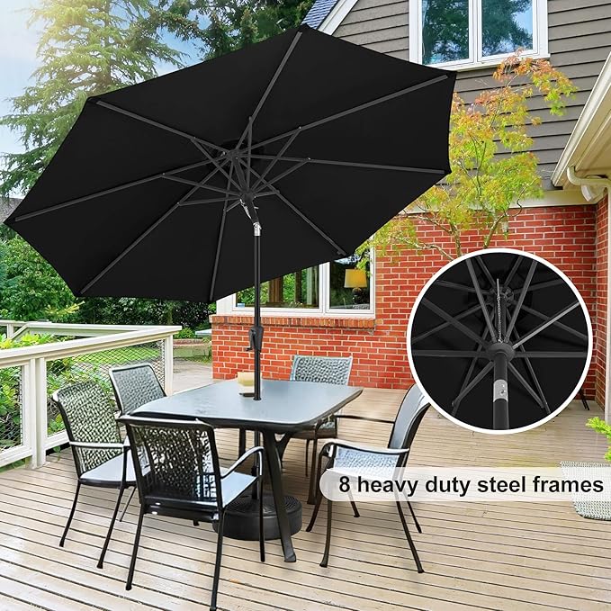 FLAME&SHADE 10 ft Outdoor Market Patio Table Umbrella with Fiberglass Rib Tips and Tilt, Black