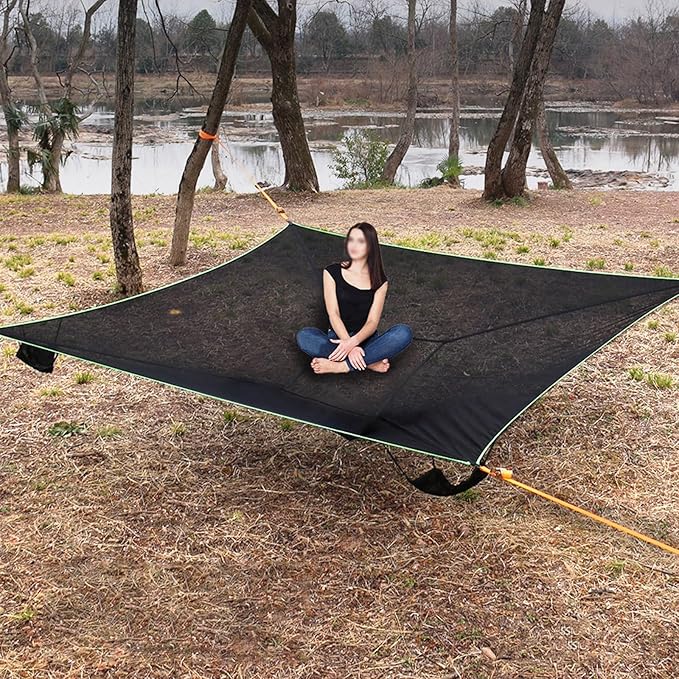 Outdoor Camping Hammock, 13ft Square Hammock Max 550 Lbs for 2-5 Adults Kids, Multi Person Tree Hammock with 4 Ratchet Tie Down Straps & Net Pocket