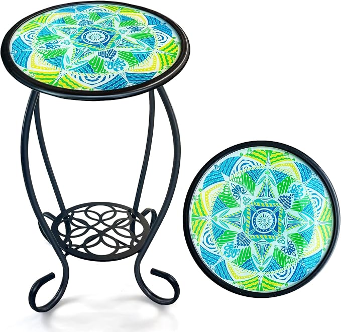 HONGLAND Mosaic Outdoor Side Table, 14" Round Patio Side Table, Mosaic Plant Stand, End Table W/Storage Shelf, Small Bistro Coffee Table for Garden Yard Porch Living Room(Green)