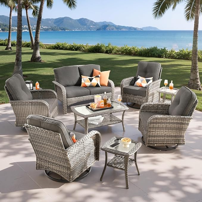 8-Piece Outdoor Patio Furniture Set with Swivel Chairs, Outdoor Conversation Wicker Sofa with Coffee Table, Rattan Couch for Deck Yard Poolside, Black