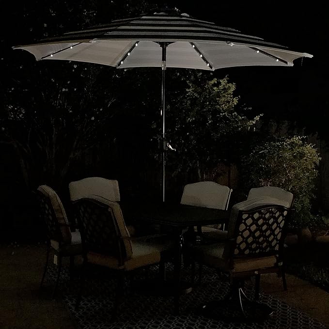 9' Round Patio Umbrella with 32 Solar Powered LED Lights, Push-Button Tilt and Hand Crank Lift, Solar Lighted Umbrella in Navy Stripe for Patio, Porch, and Backyard by Sun-Ray