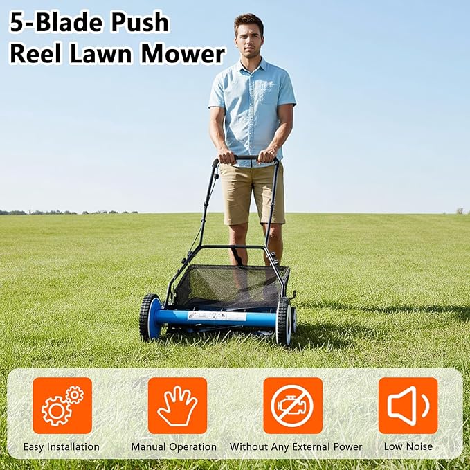 20" Push Reel Lawn Mower, 5-Blade Manual Push Lawn Mower with Grass Catcher and Adjustable Cutting Height, No-Motor Grass Cutter Machine for Small Yards & Gardens