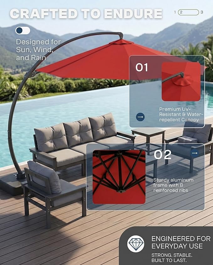 12 FT Cantilever Umbrella with Base Included, Large Round 360° Rotation Offset Umbrella Outdoor Patio, Heavy Duty Aluminum Frame, Sand-Weighted Stand, for Deck, Backyard, Pool, Garden (Red)
