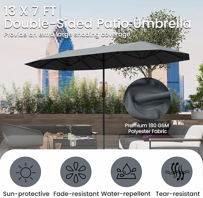 Tangkula 13 FT Large Patio Umbrella, Outdoor Double-Sided Table Market Umbrella w/Crank Handle, 12 Heavy-Duty Ribs, Sun-Protective Rectangular Twin Parasol for Garden Deck Lawn Poolside (Gray)