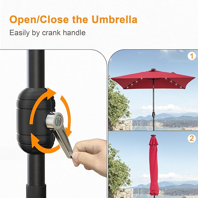 Square Patio Umbrella With Solar Lights, 6.5x6.5ft Square Umbrella Outdoor Patio with Tilt and Crank for Pool, Deck, Garden,Backyard