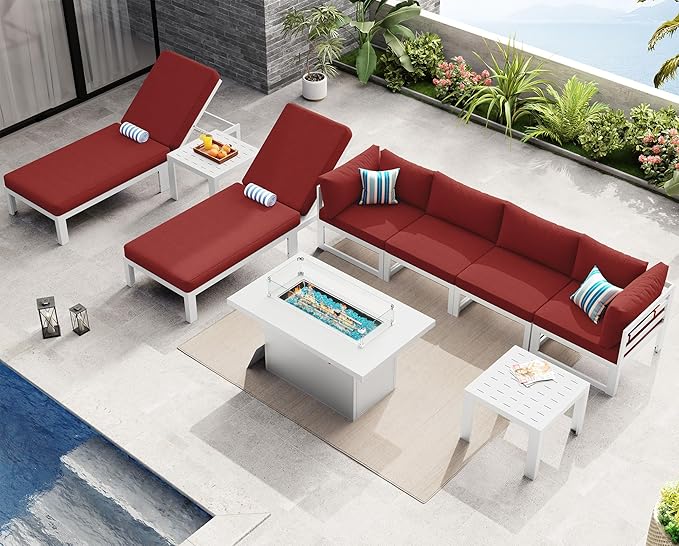 NICESOUL 6 Person Modern Aluminum Outdoor Patio Furniture Set with Lounge Chair & Firepit, 29" Wide Deep Seating, UV Resistant Modular Sectional Couch, Large Conversation Set for Poolside, Burgundy