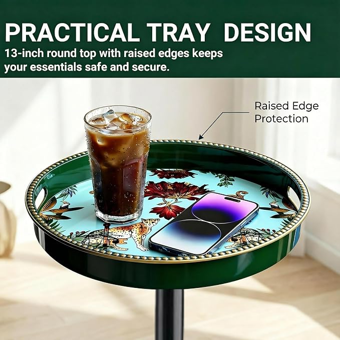 Gesodant Boho Single Leg Round Side Table with Tray Top, Pedestal Drink Table for Small Spaces, Aesthetic Accent Nightstand for Living Room, Bedroom, Corners, and Office (Green Leopard)