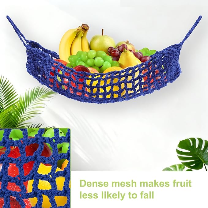 Macrame Fruit Hammock 1 Pack Cotton Fruit Holder Net Under Cabinet Veggie Storage Space Saving Kitchen Decor with Hooks (Sapphire Blue)