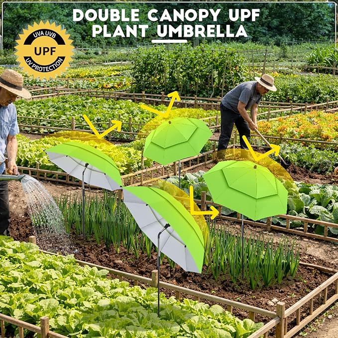 4 Pack 24.9" Double Canopy 47.2" Height Plant Umbrellas for Outdoor Plants, 3D Stakes 360° Adjustable Plant Shades for Outdoor Plants, Garden
