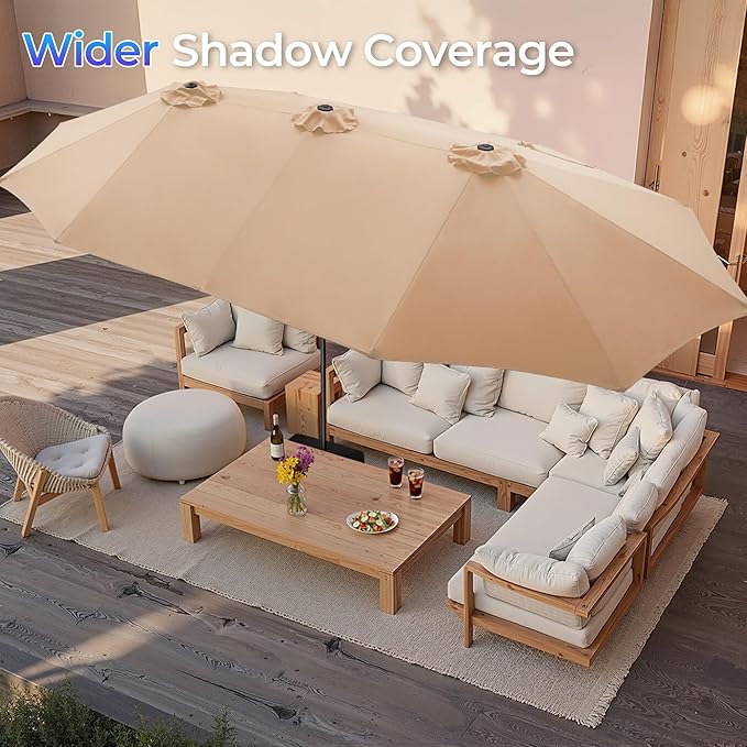 SUPERJARE 15FT Outdoor Patio Umbrella with Base Included, Double Sided Pool Umbrellas with Fade Resistant Canopy, Extra-Large Table Umbrella for Deck, Market, Backyard, Beige