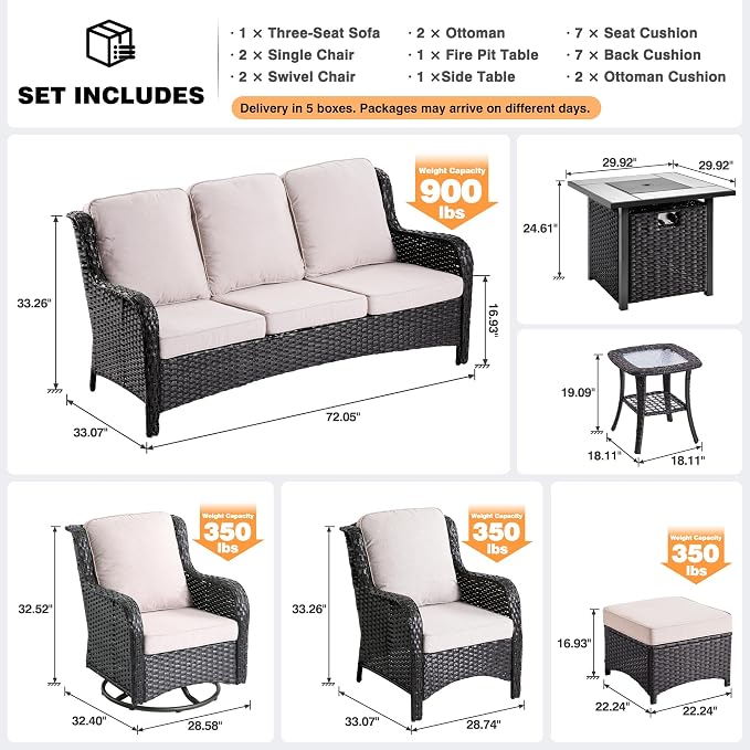 ovios 9 Pieces Patio Furniture Set with 30 inch Fire Pit Table, Outdoor Wicker Sofa Couch Swivel Rocking Glider Chairs, Modern Luxury Conversation Set, Brown Wicker, Beige