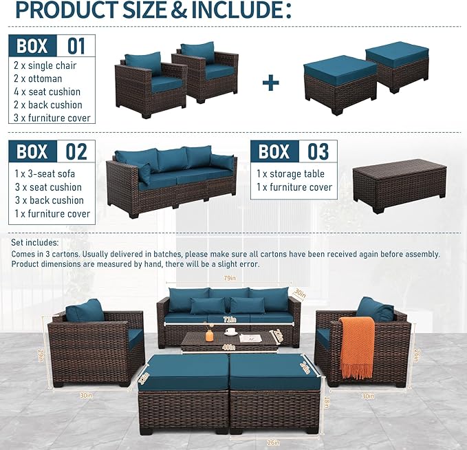 Wicker Patio Furniture Set 6 Pieces Outdoor Furniture Chairs and Couch Storage Table Anti-Slip Cushions and Waterproof Covers, Peacock Blue