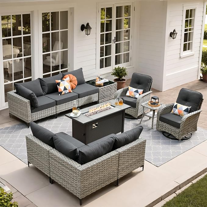 Outdoor Patio Furniture Sets,11 PCS Patio Conversation Set Outside Rattan Sectional Sofa with 54 in Fire Pit Table Wicker Rocking Chair Coffee Table Fit Backyard Porch Garden Poolside Balcony